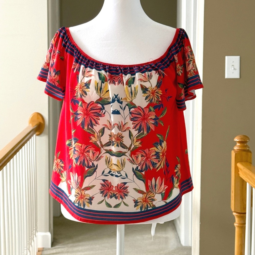 Flying Tomato Red Floral Off The Shoulder Blouse Short Sleeve Striped Trim L